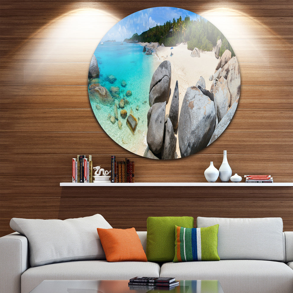 Turquoise Ocean Water With Rocks, Modern Seascape Round Wall Art, 23"