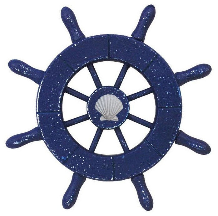 Rustic All Dark Blue Decorative Ship Wheel With Seashell 6'', Boat Wheel
