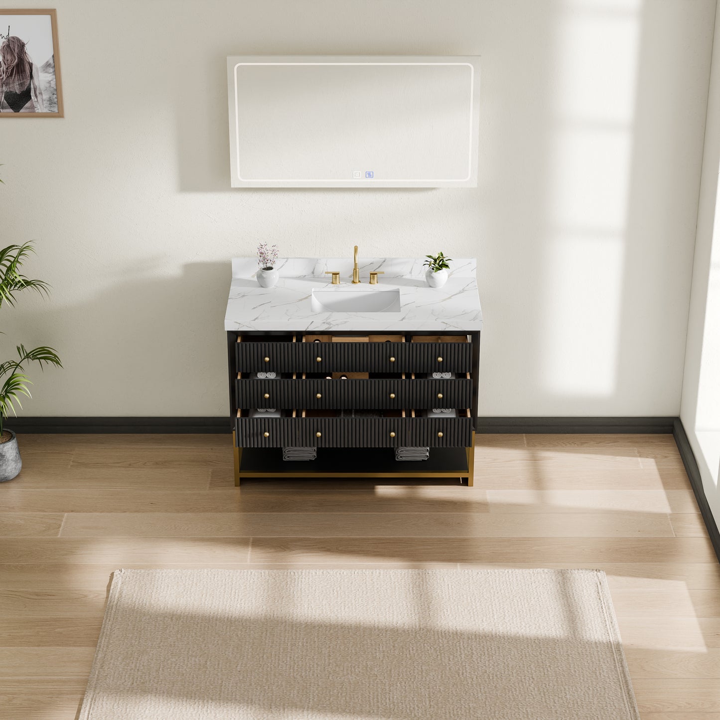 60''Wood Bathroom Vanity Set, With Drawers, Marble Top And Undermount Sink, White