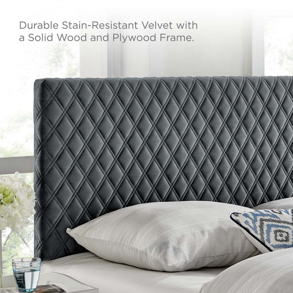 Platform Bed Frame, King Size, Charcoal Gray, Velvet, Modern, Guest Suite