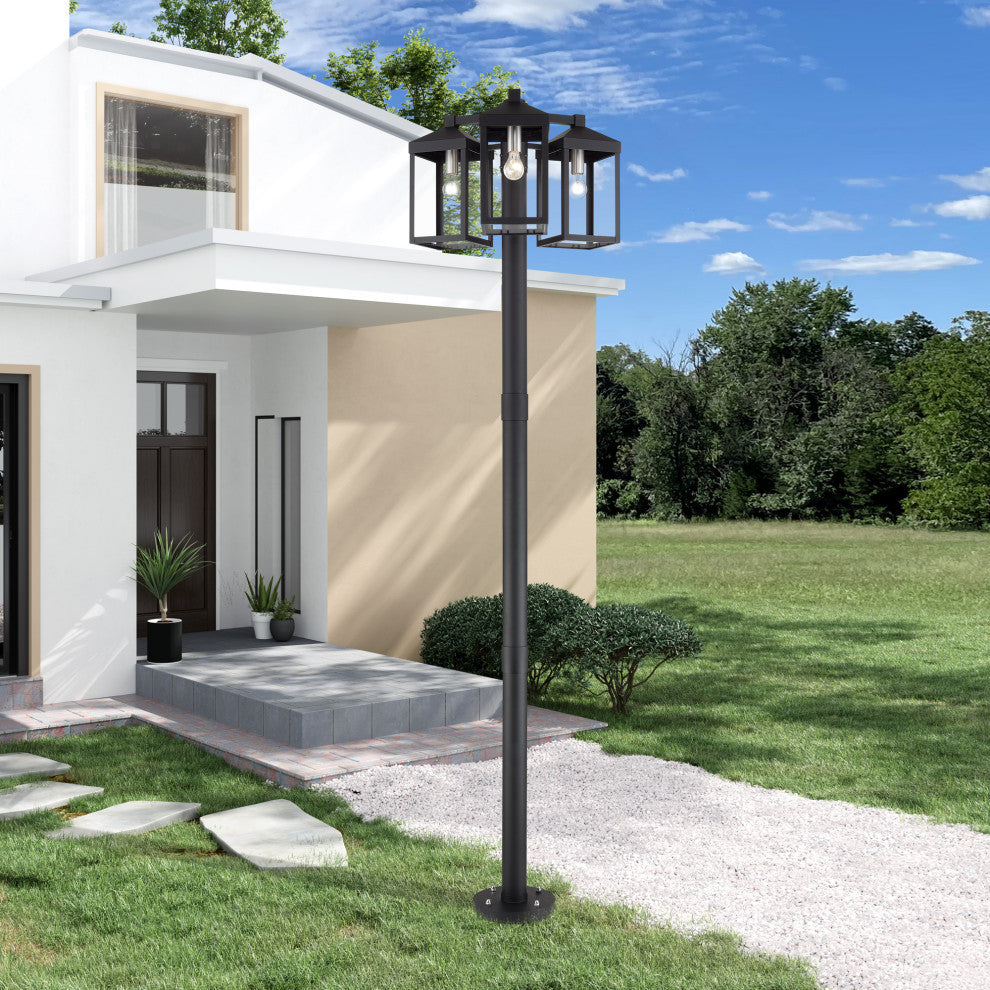 Nyack Multi Head Black Outdoor Post Light with Brushed Nickel and Clear Glass