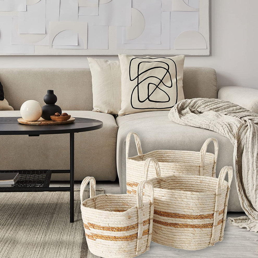 3 Piece Stripes Wicker Basket Set