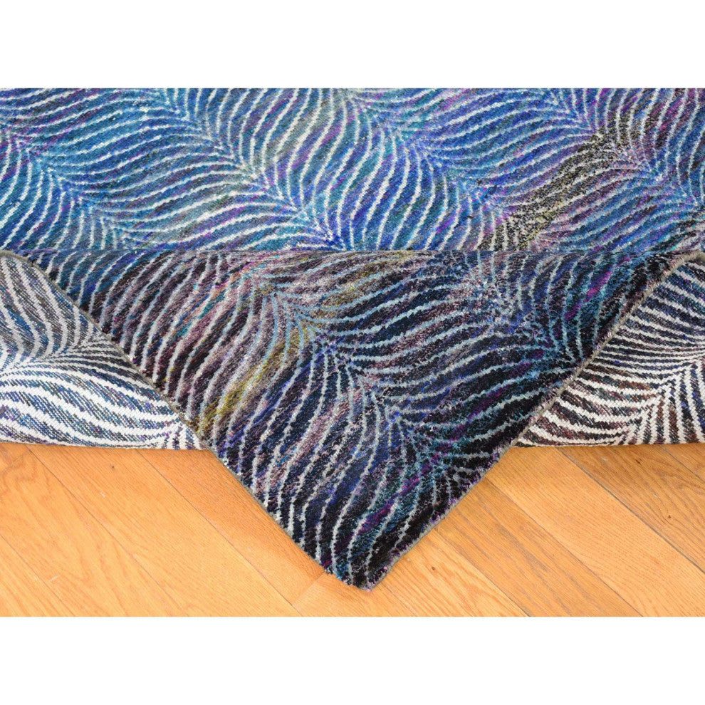 Colorful Modern Leaf Design Silk and Wool Hand Knotted Oriental Rug, 9'1"x12'3"