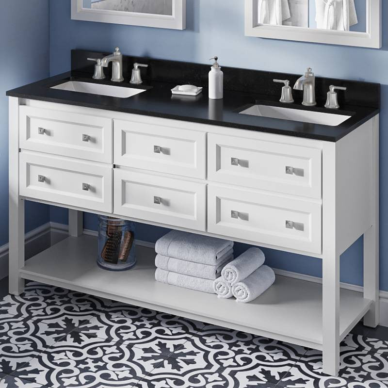 Adler Transitional 60" White Double Sink Vanity, Black Granite Vanity Top