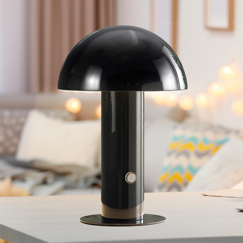 Boletus 10.75" Rechargeable/Cordless Iron Integrated Mushroom Table Lamp, Black