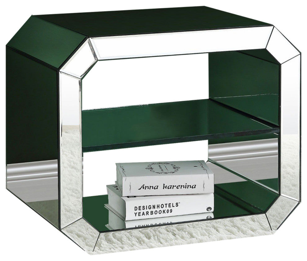 Benzara BM250271 Accent Table With Mirrored Inserts and 1 Glass Shelf, Silver