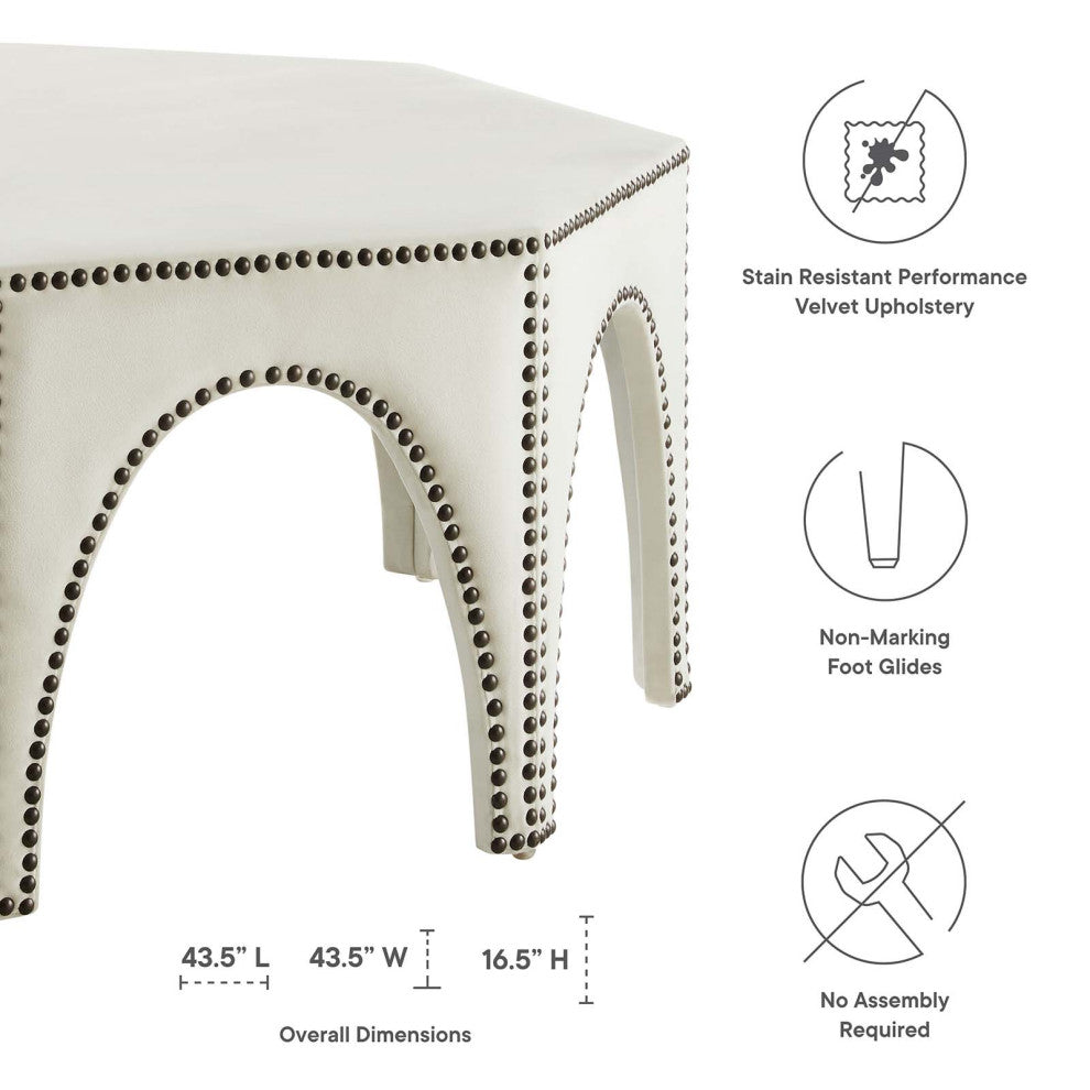 Ottoman Accent Chair, Nailhead, Ivory White, Velvet, Modern Lounge Cafe