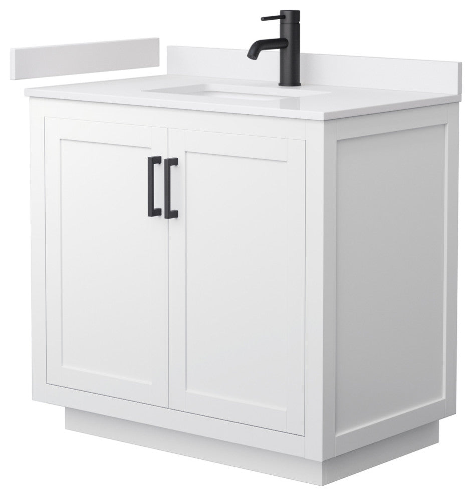 36" Single Bath Vanity, White, White Cult. Marble Countertop, Sink, Black Trim