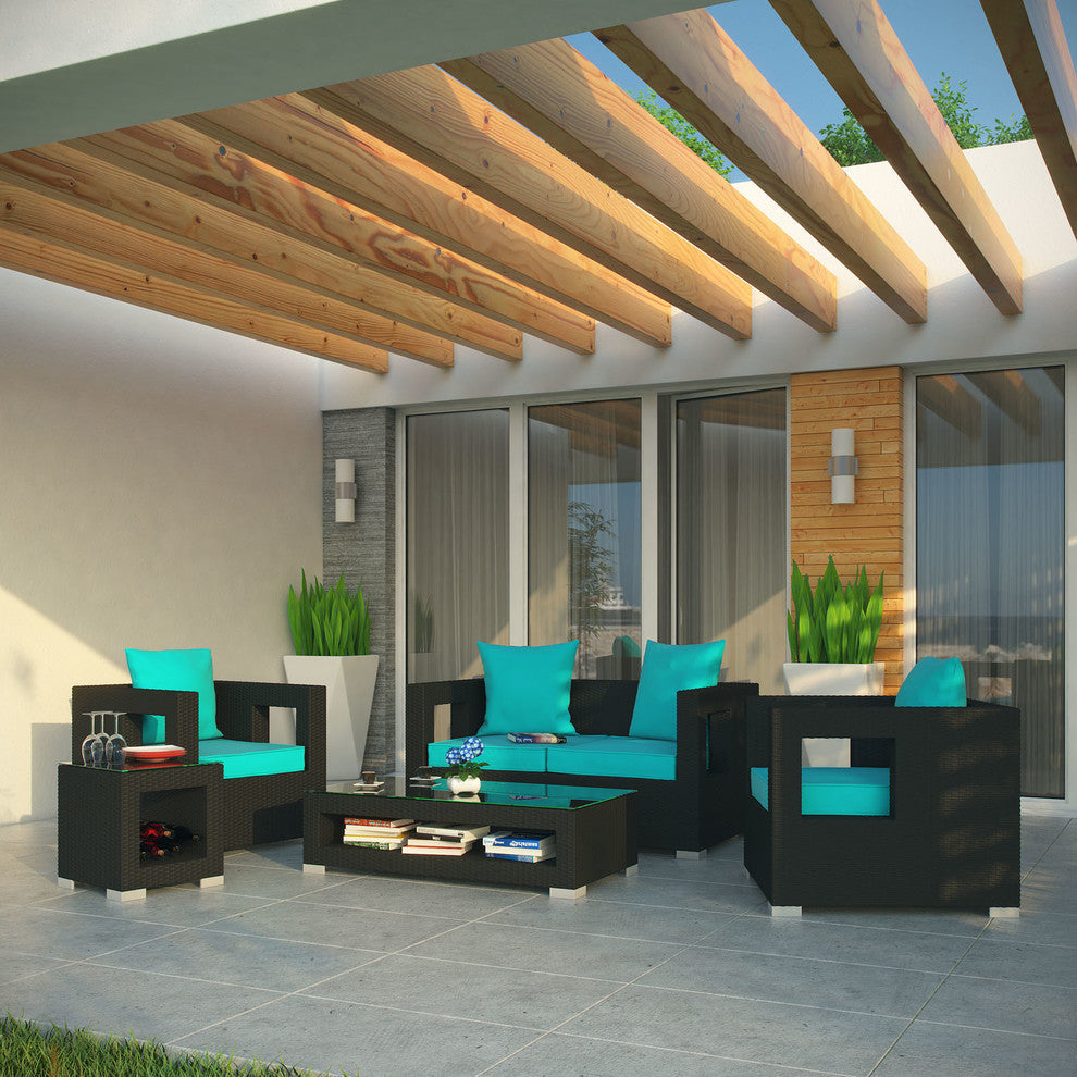 Modern Contemporary Outdoor Patio Rattan and Wicker 5 Pieces Sofa Set, Turquoise