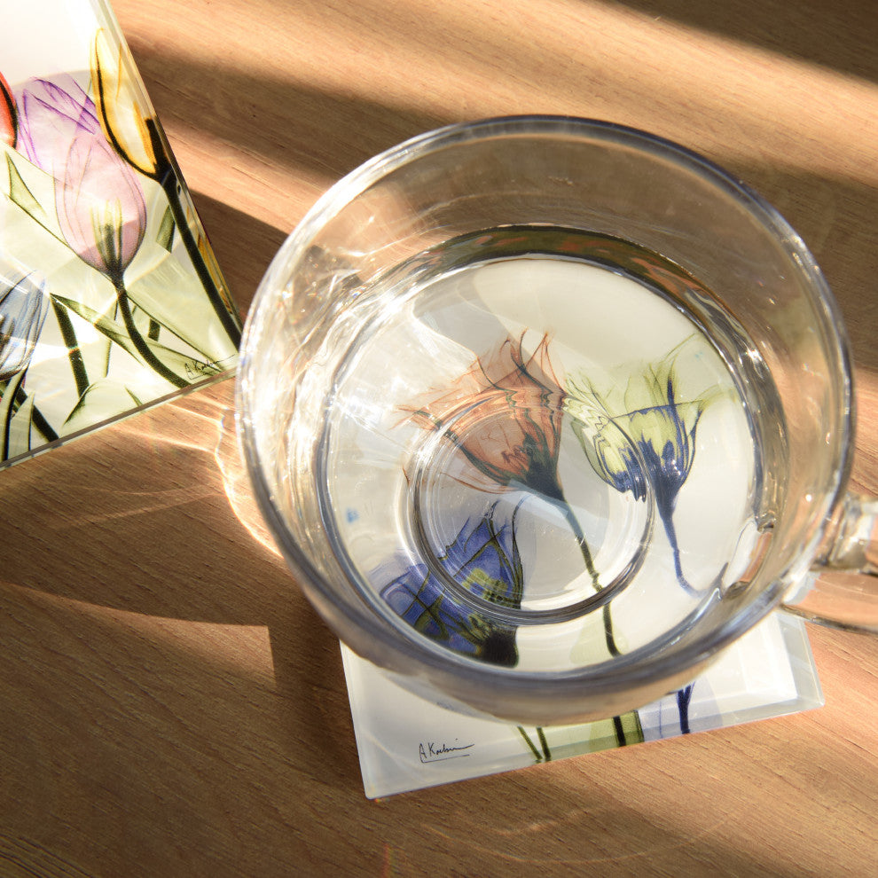 Lovely Flowers Glass Coasters With Cork Bottom, Set of 12 florals