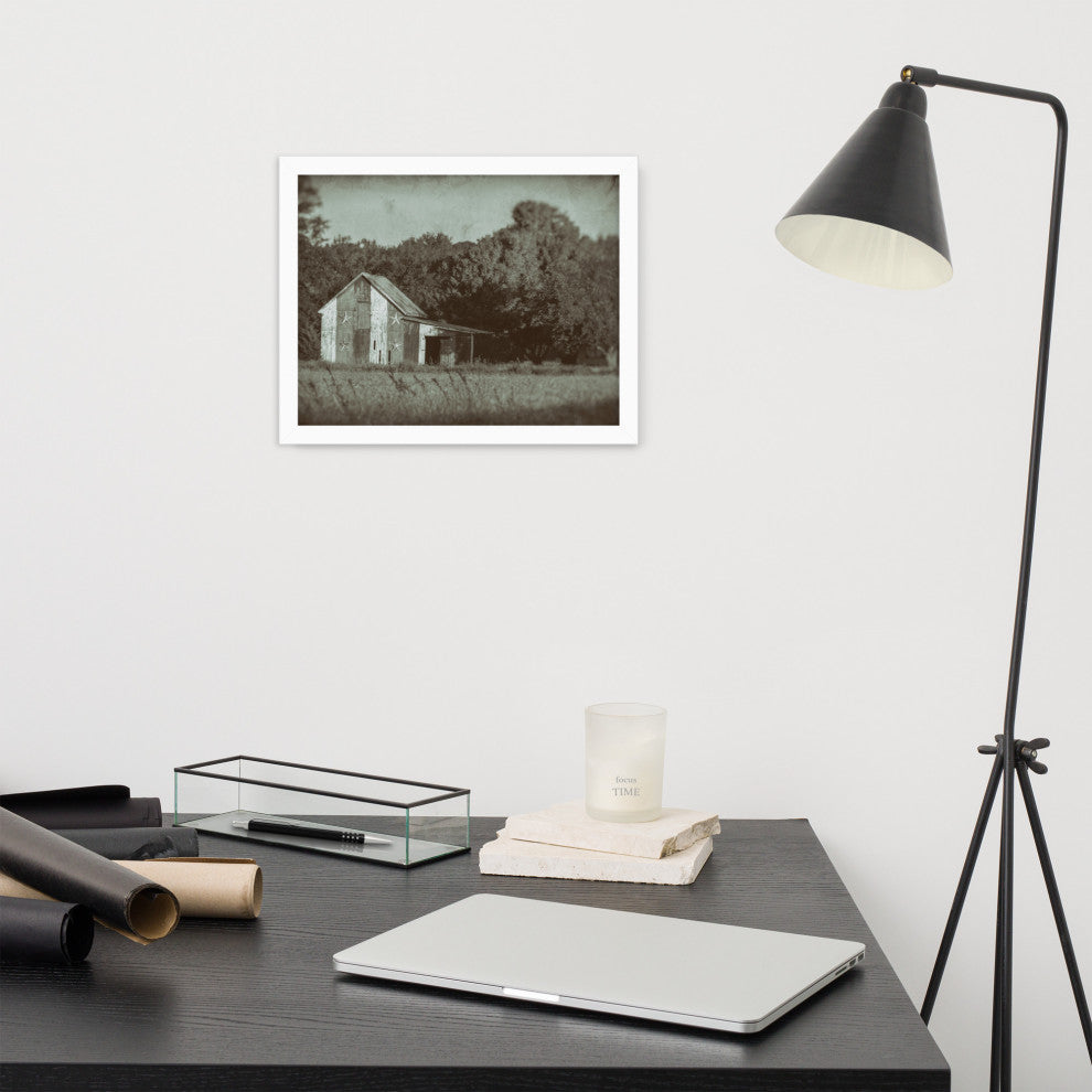 Patriotic Barn in Field Vintage Black and White Framed Photo Wall Art Print, White, 11" X 14"