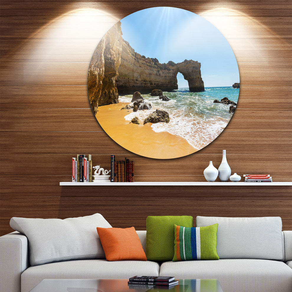 Wide Portugal Beach With White Waters, Modern Beach Round Wall Art, 23"