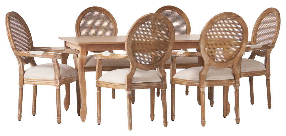 Comisky Fabric Upholstered Wood and Cane Expandable 7-Piece Dining Set, Natural Brown/Beige