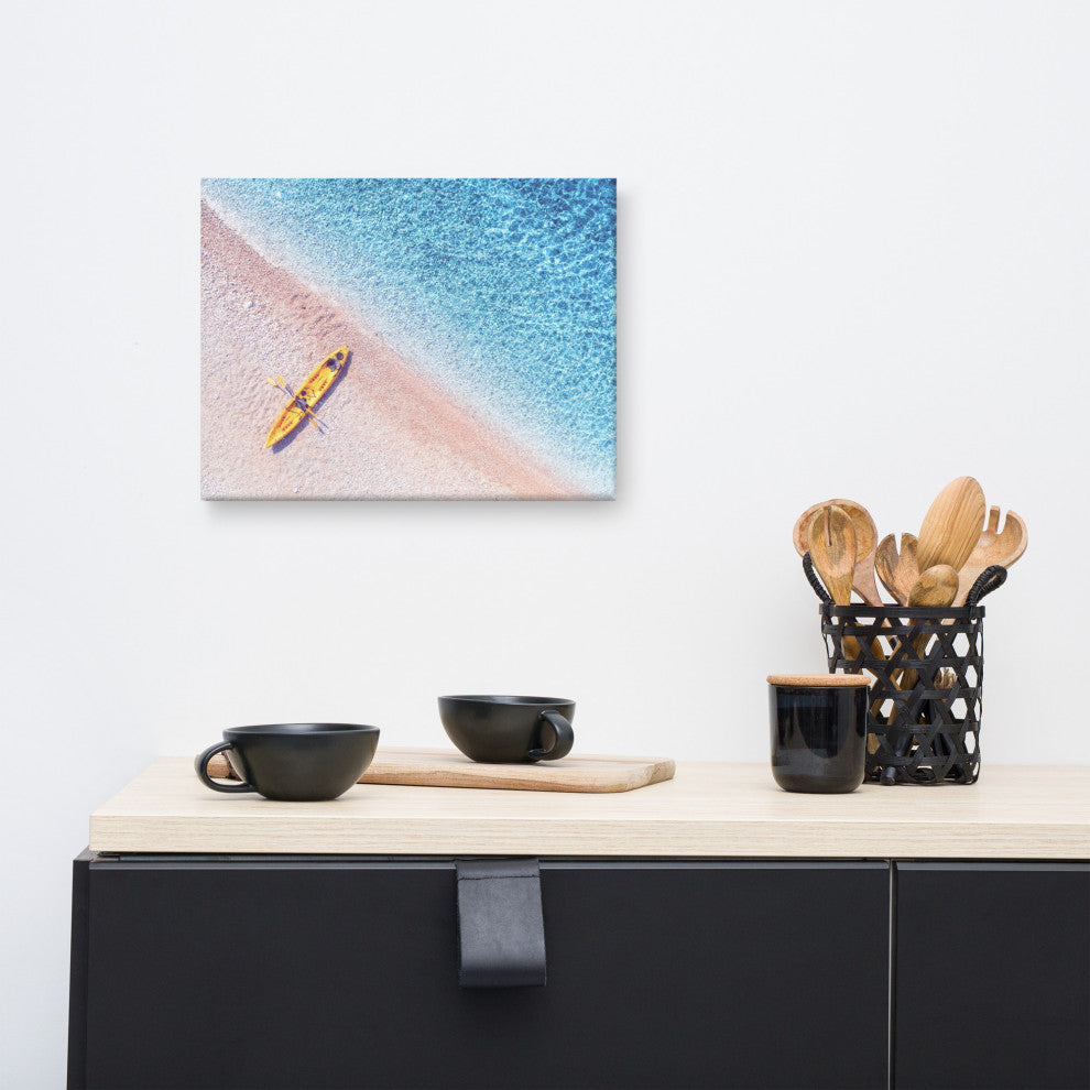 Yellow Canoe and Blue Sea by with Violet Glow Landscape Photo Canvas Art Print, 12" X 16"