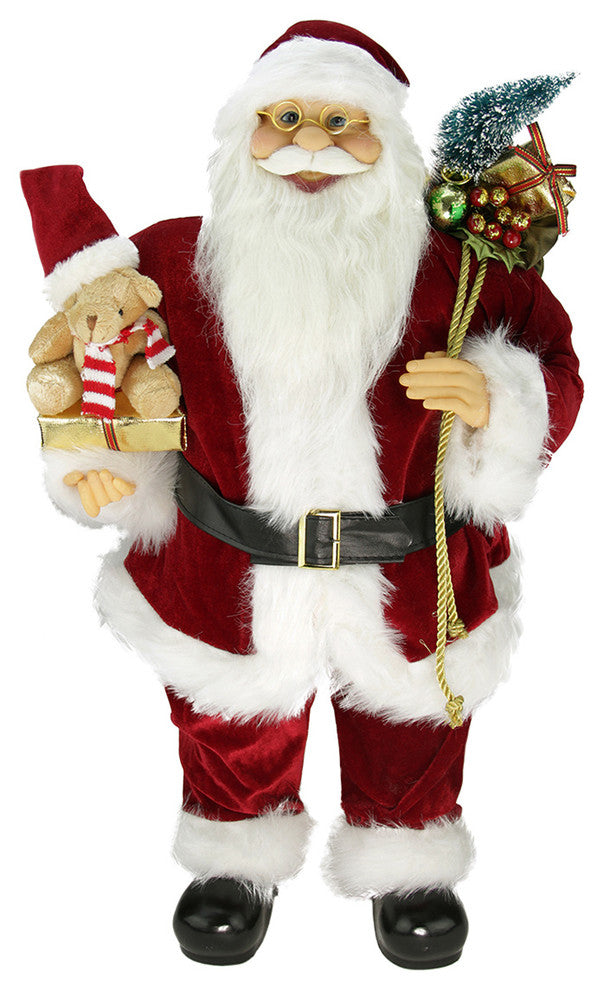 24" Standing Santa Holding a Teddy Bear With Gift Bag