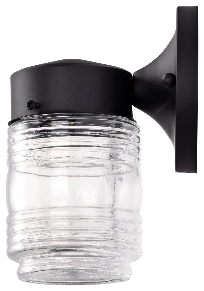 8W 1-Light Porch Wall, Mason Jar 3K, Black Finish With Clear Glass
