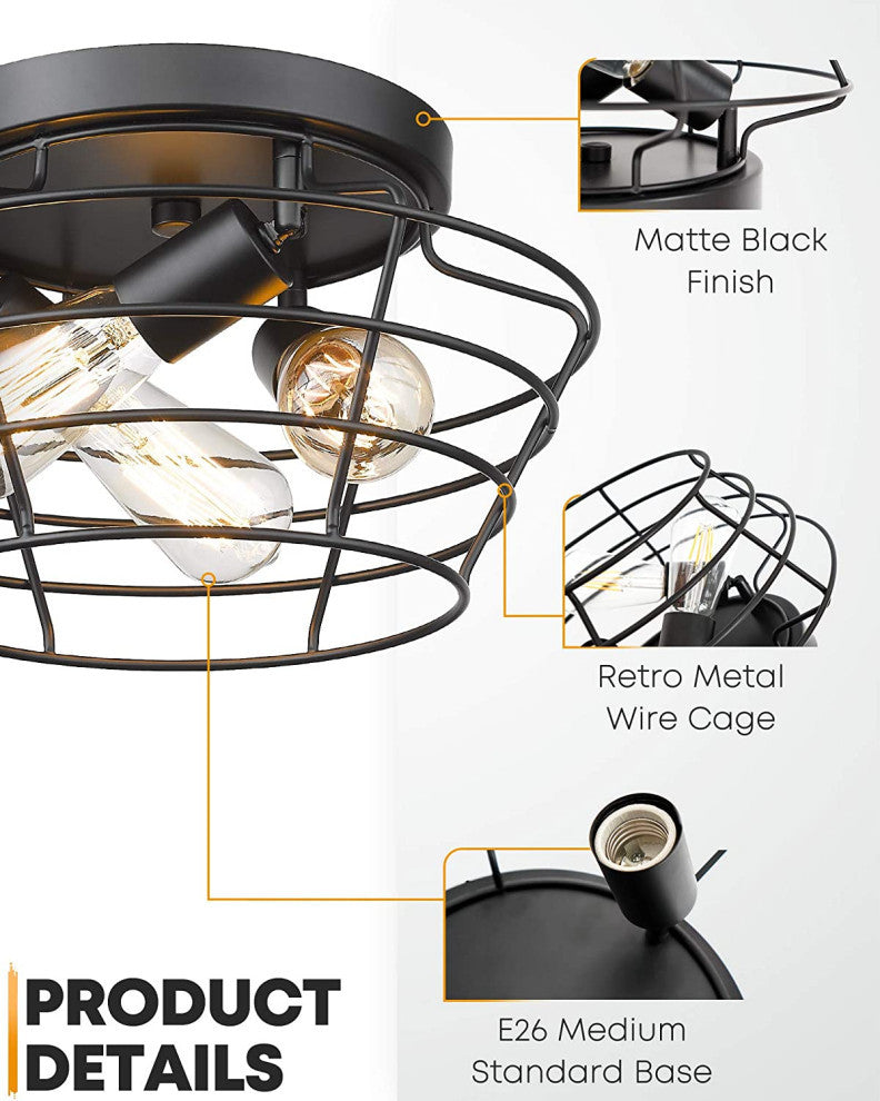 3 light cage Ceiling Light Fixture Flush Mount black Close to Ceiling Light