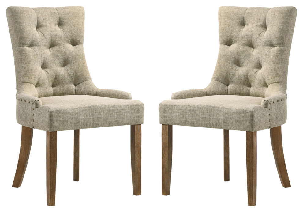 Set of 2 Beige Fabric Side Chair, Salvaged Oak Finish