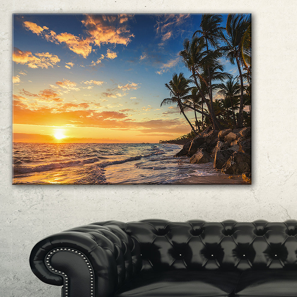 "Paradise Tropical Island Beach With Palms" Seascape Wall Art, 40"x20"