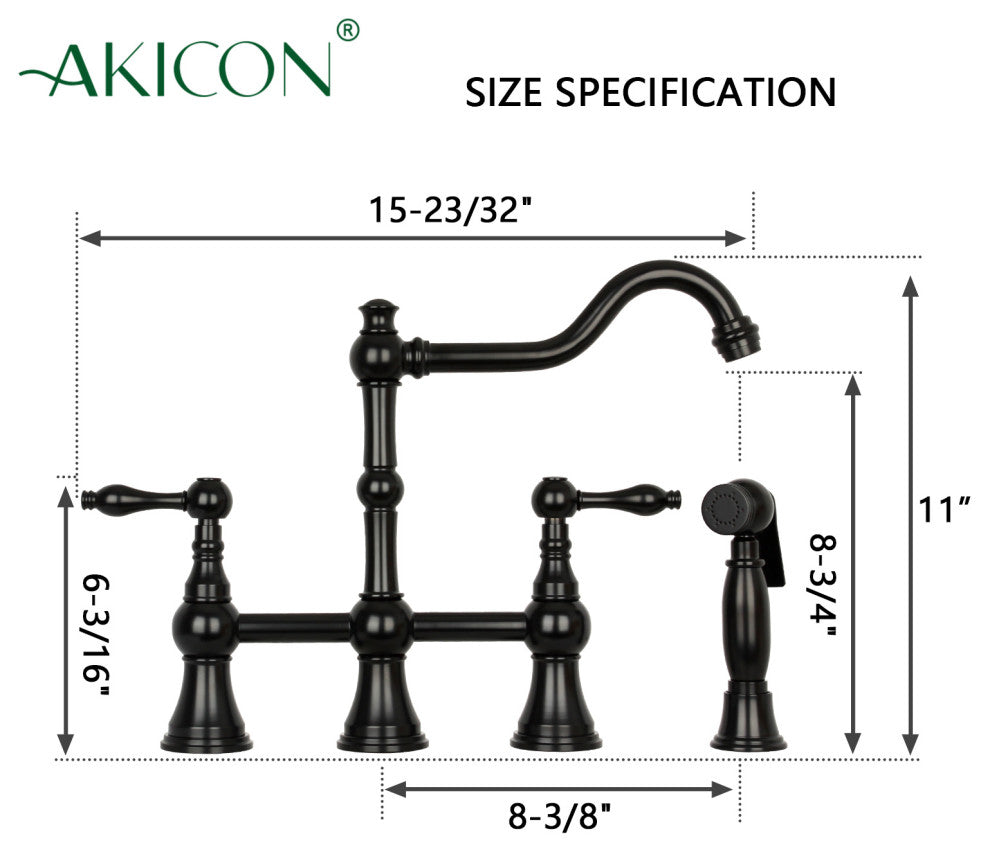 Two-Handles Copper Bridge Kitchen Faucet with Side Sprayer, Matte Black