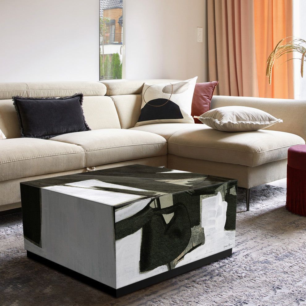 "Ode an Kline III" Reverse Printed Glass Cocktail Table with Black Plinth Base