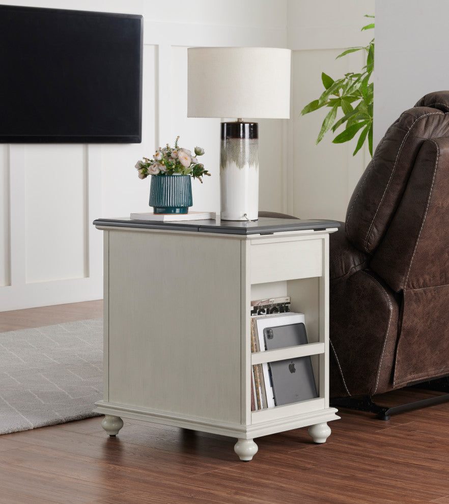 Elegant Chairside Table with Charging Station, White With Grey Top