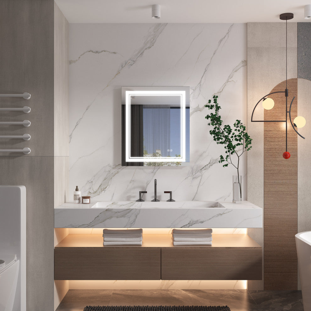 Frameless LED Lighted Bathroom Mirror With Defogger Dimmer, 20"x28"