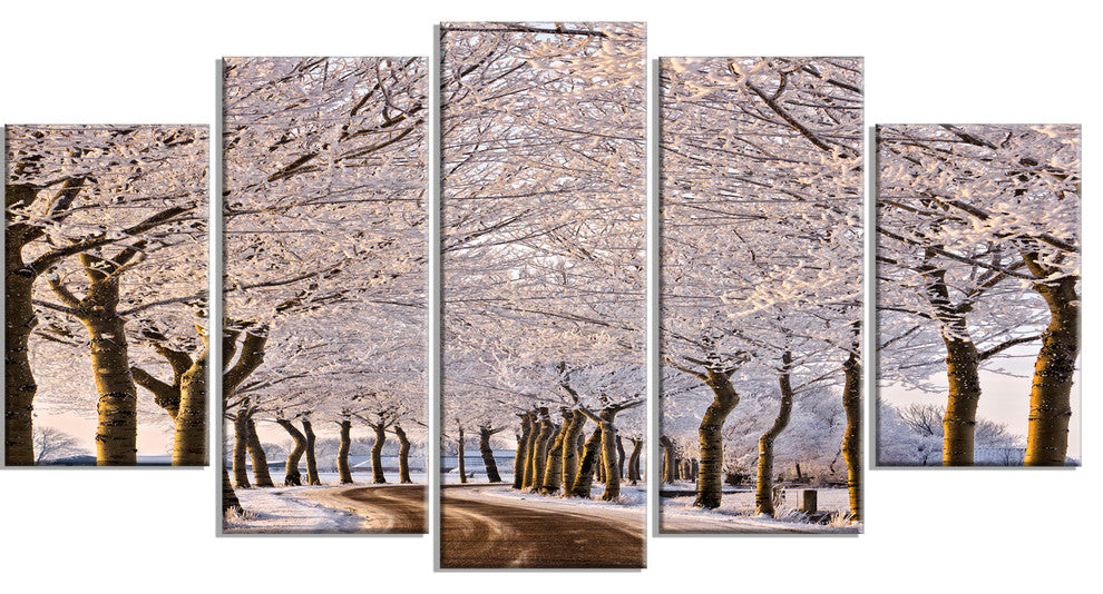 Trees And Road in White Winter, Landscape Canvas Art Print, 60"x32", 5 Panels