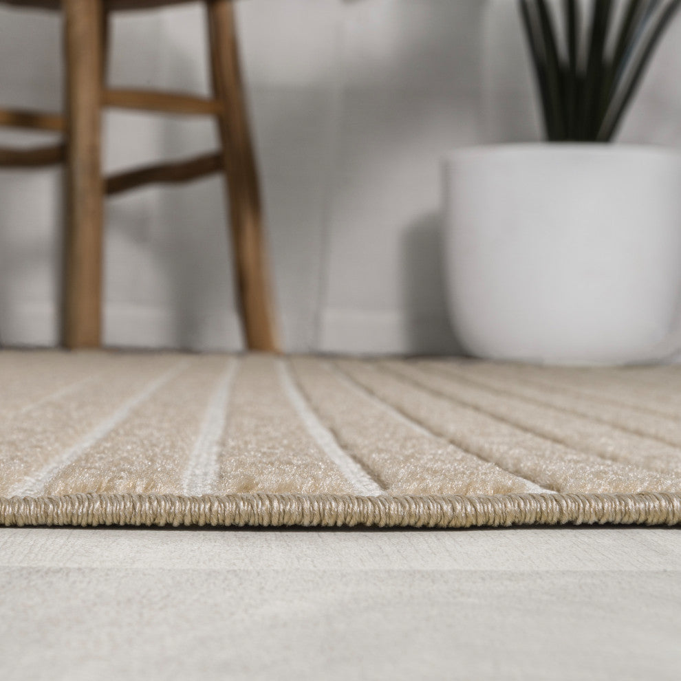 Aarhus High-Low Scandi Striped Beige/Cream 2 ft x 8 ft Indoor/Outdoor Runner Rug