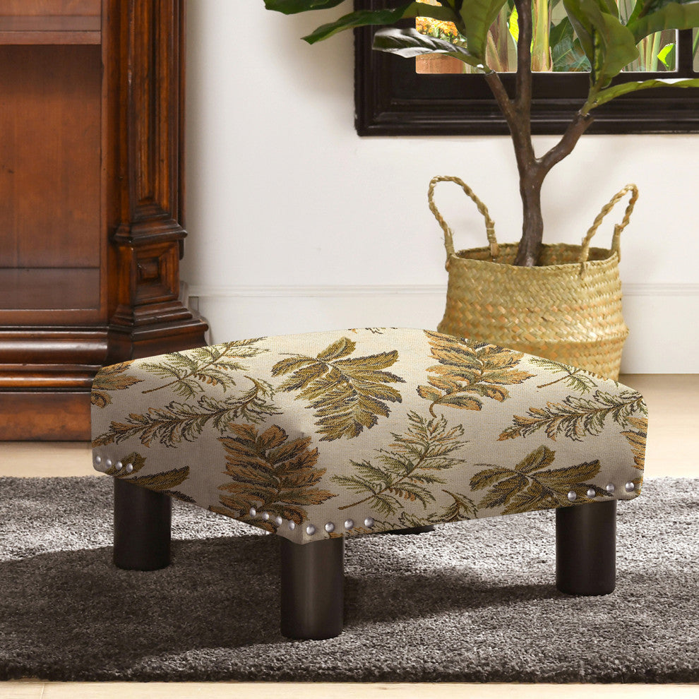 Jules 16" Square Footstool Accent Ottoman, Tan Floral Jacquard