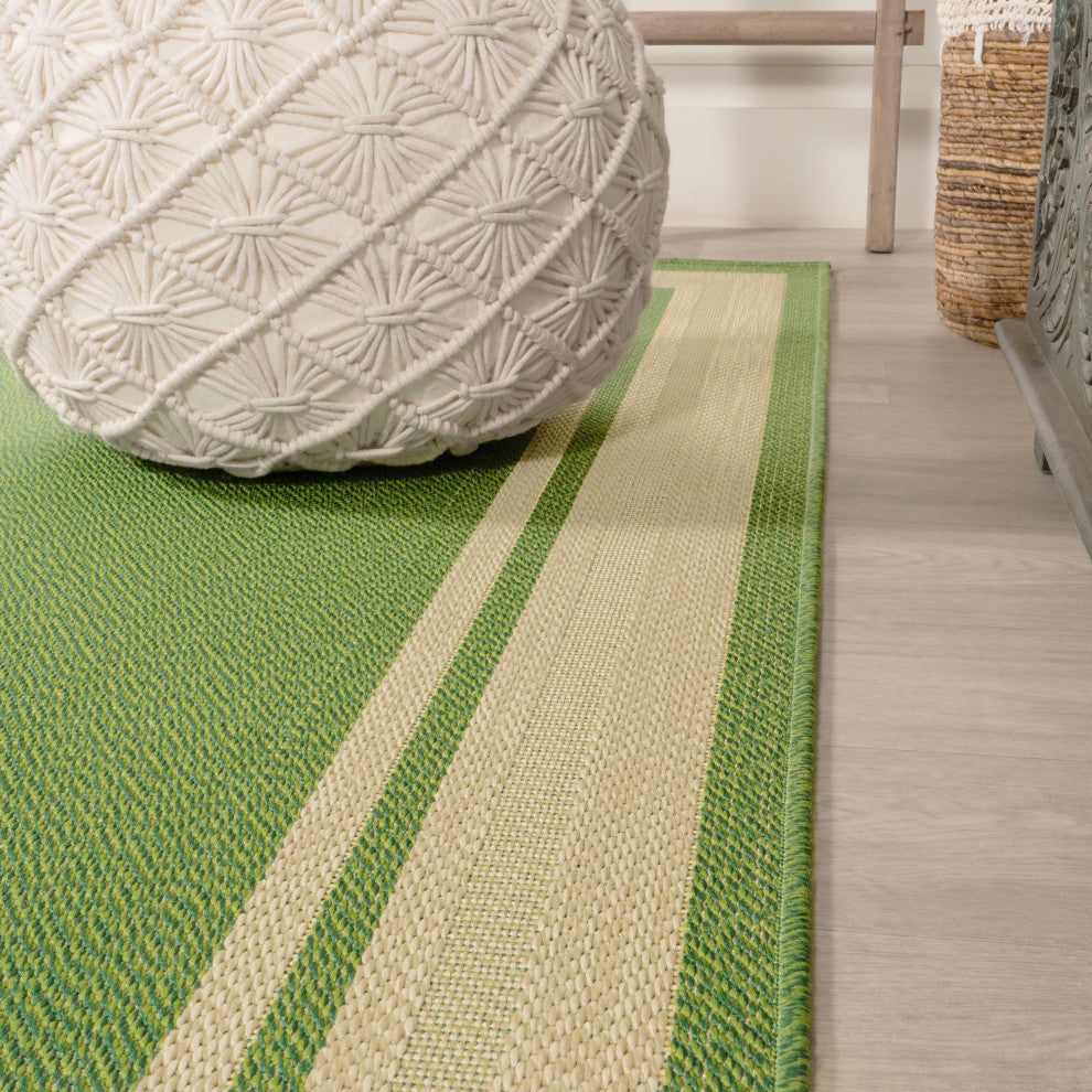 James Modern Border Stripe Indoor/Outdoor Area Rug, Green/Cream, 5x8