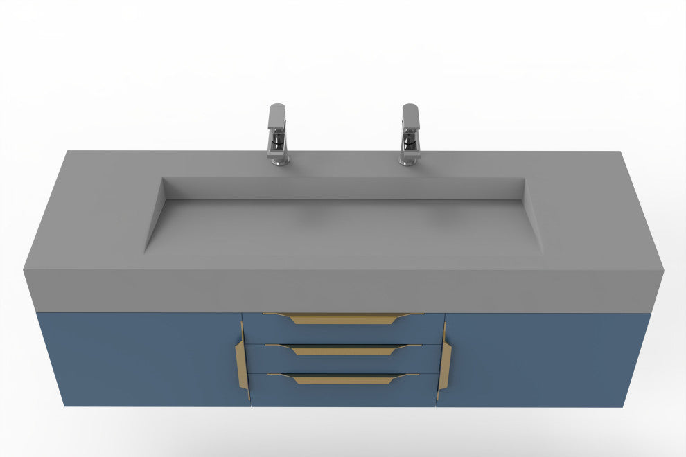 CastelloUSA Nile 60" Wall Mounted Vanity Set, Blue, Gray Top, Gold Handles