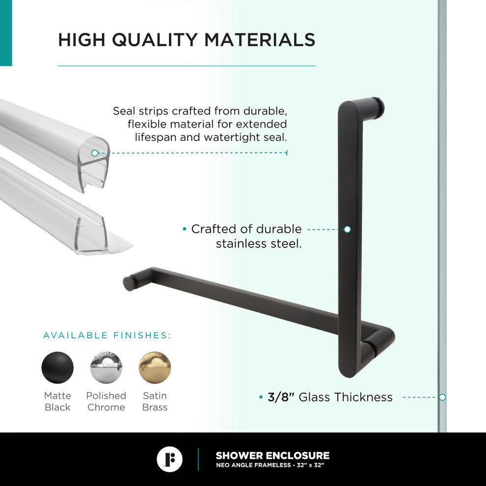 Shower Enclosure Neo Angle Frameless Tempered Glass, Black, 30" X 30"