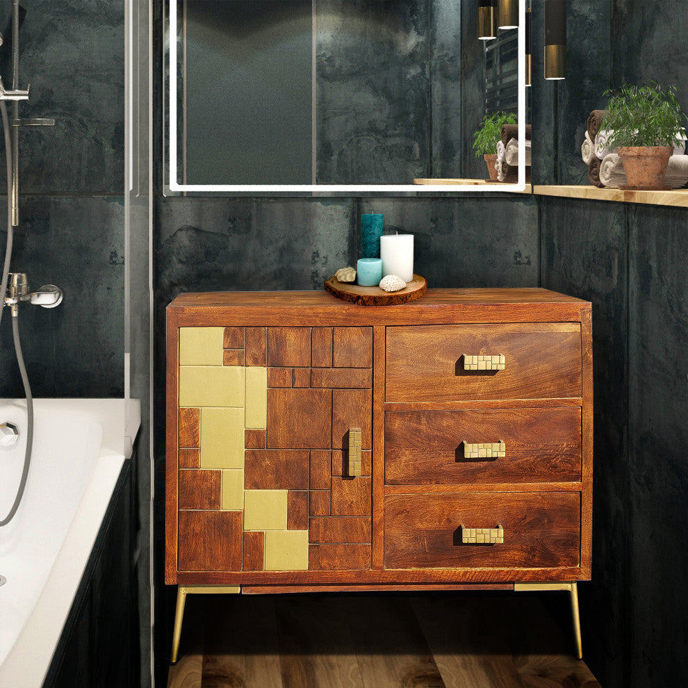 Nuna Mango Wood Bathroom Linen Cabinet With 1 Door/3 Drawers