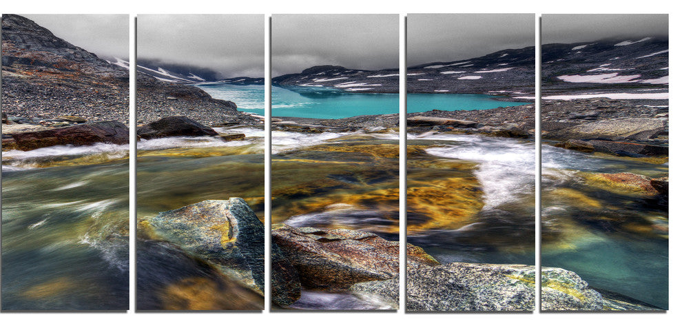 Mountain Creek Flowing into Lake, Landscape Canvas Print, 60"x28", 5 Panels