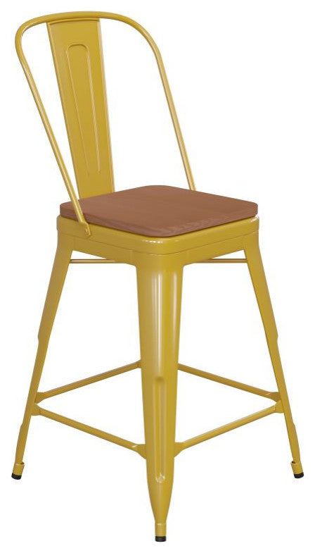 Kai Commercial Grade 24" Metal Indoor-Outdoor Counter Stool w/Removable Seat, Yellow/Teak