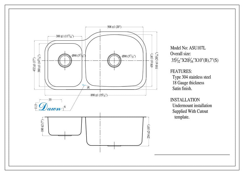 Dawn ASU107L Undermount Satin Double Bowl Kitchen Sink