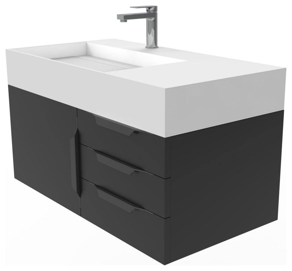 CastelloUSA Amazon 36" Wall Mount Vanity Set, Black, White Top, Black Handles