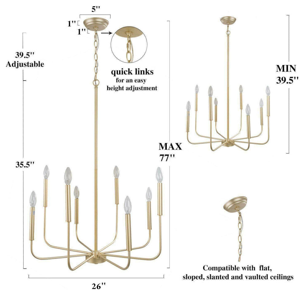LNC 8-Light Antique/Vintage Finish Modern Candlestick Chandelier 36"H, Gold