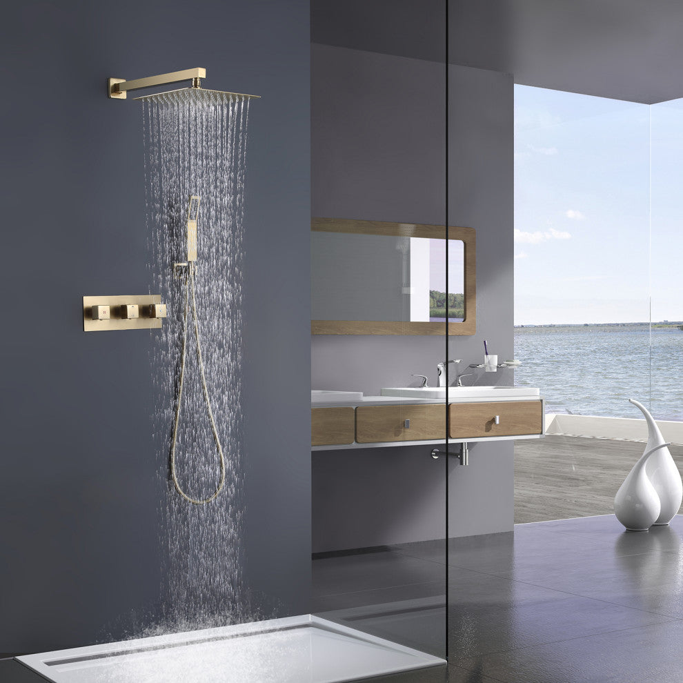 Wall Mounted Rain Shower System with Hand Shower, Brushed Gold