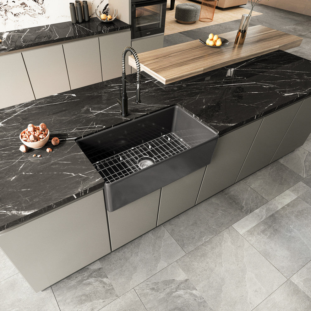 Sinber Farmhouse Apron Single Bowl Kitchen Sink with Fireclay 2 Accessories, Black, 33" X 18"