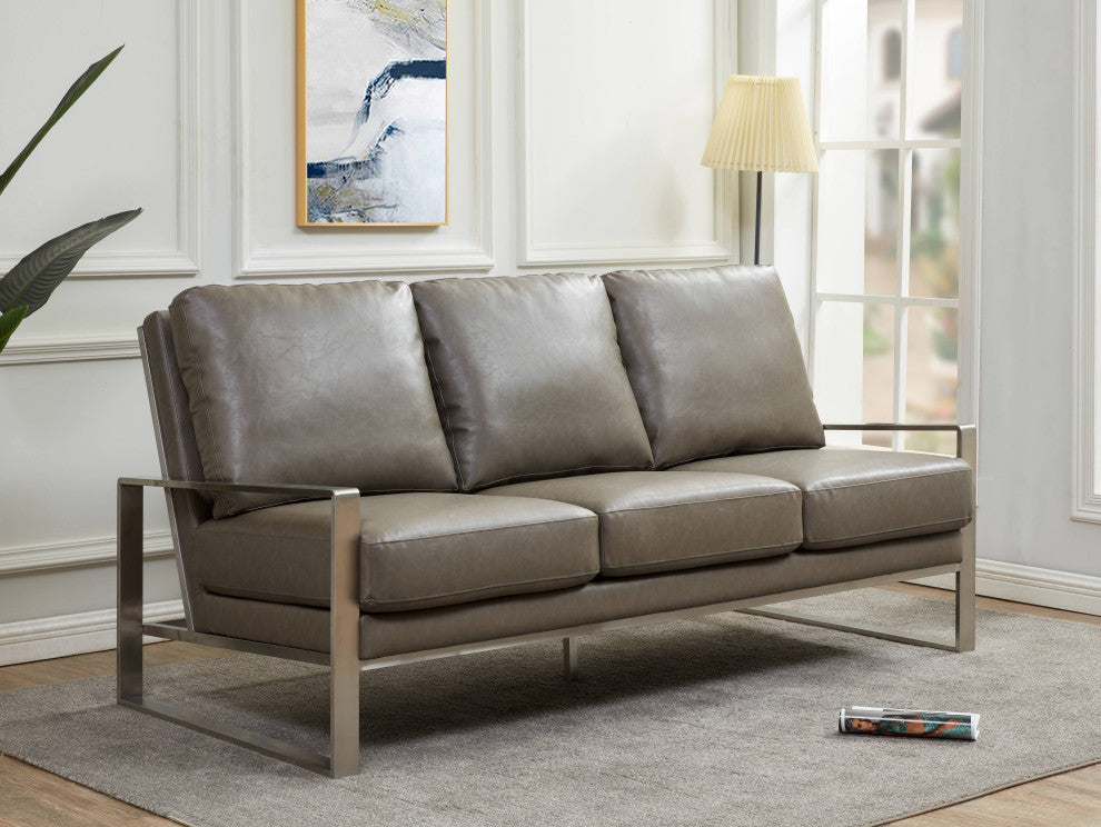 LeisureMod Jefferson Modern Faux Leather Sofa With Silver Frame, Gray