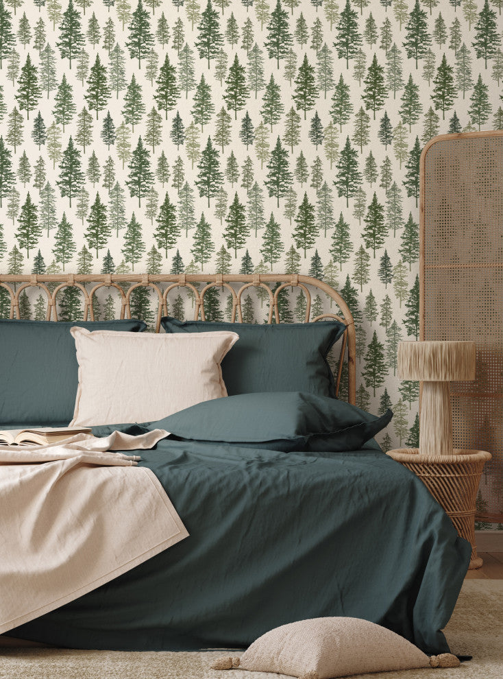 Illustrated Evergreen Forest Peel and Stick Vinyl Wallpaper, Deep Green, 24" X 60"