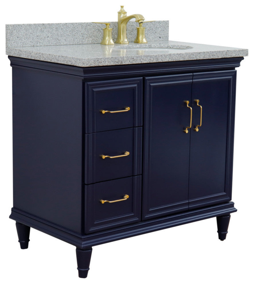 37" Single Vanity, Blue Finish With Gray Granite