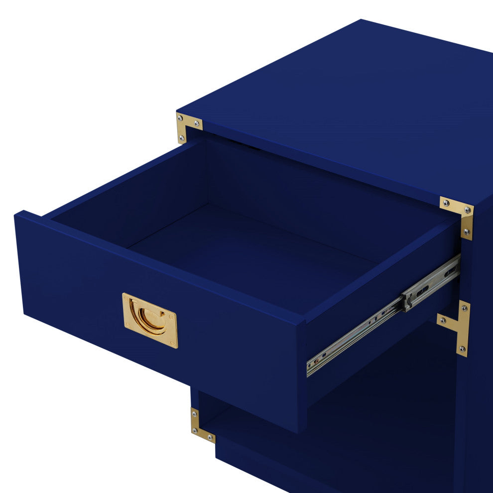 Leandro High Gloss Nightstand With Metal Corner Brackets, Dark Navy