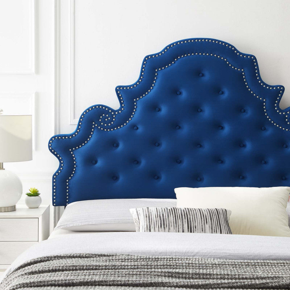 Tufted Headboard, Full Queen Size, Velvet, Blue Navy, Modern Contemporary