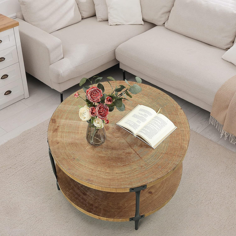 Farmhouse Round Coffee Table With Natural Wood Top and Metal Legs