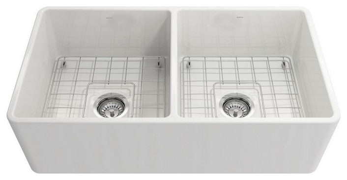 BOCCHI 1139-001-2020SS Farmhouse Fireclay 33 Inch Double Bowl Kitchen Sink Kit