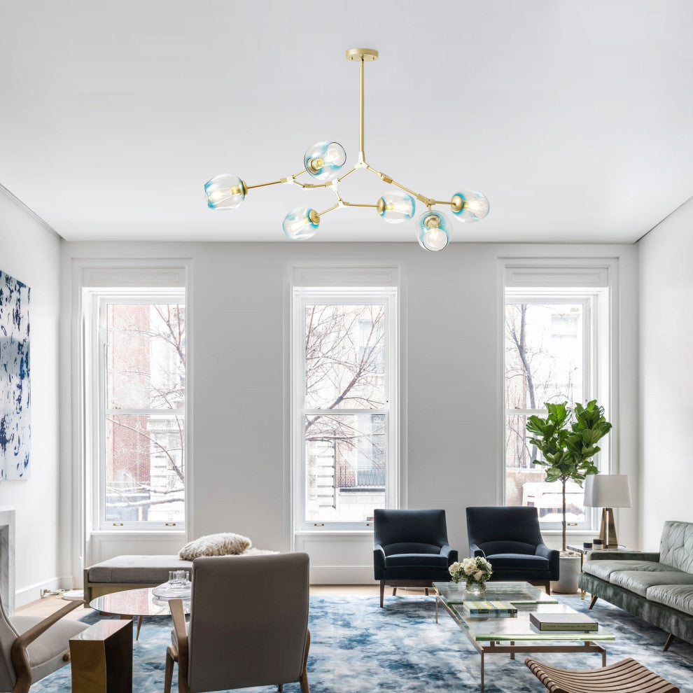 8-Light Adjustable Colorful Glass Shades Chandelier Pendant,Clear Glass Shades, Blue, 6light