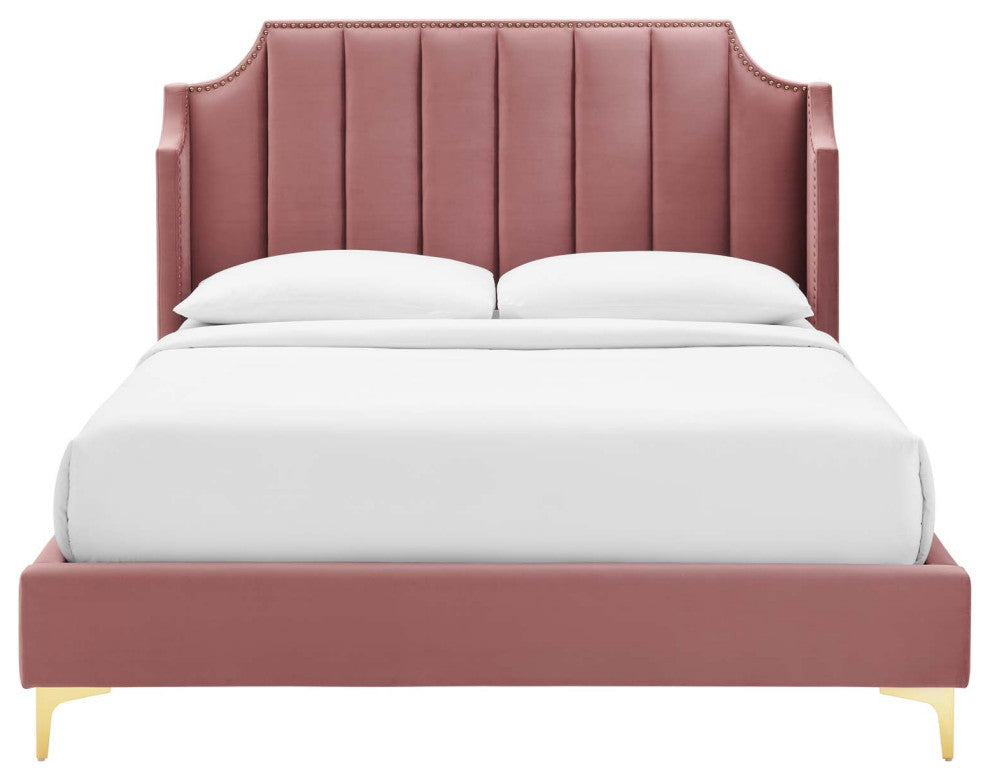 Platform Bed Frame, Queen Size, Velvet, Pink, Modern Contemporary, Bedroom
